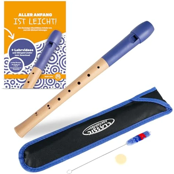 Classic Cantabile Pivella C-Sopran Blockflöte Set, Ahornholz mit Kunststoffkopf, barocke Griffweise, blau, inkl. Flötenschule, Etui, Grifftabelle, Wischerstab und Korkfett