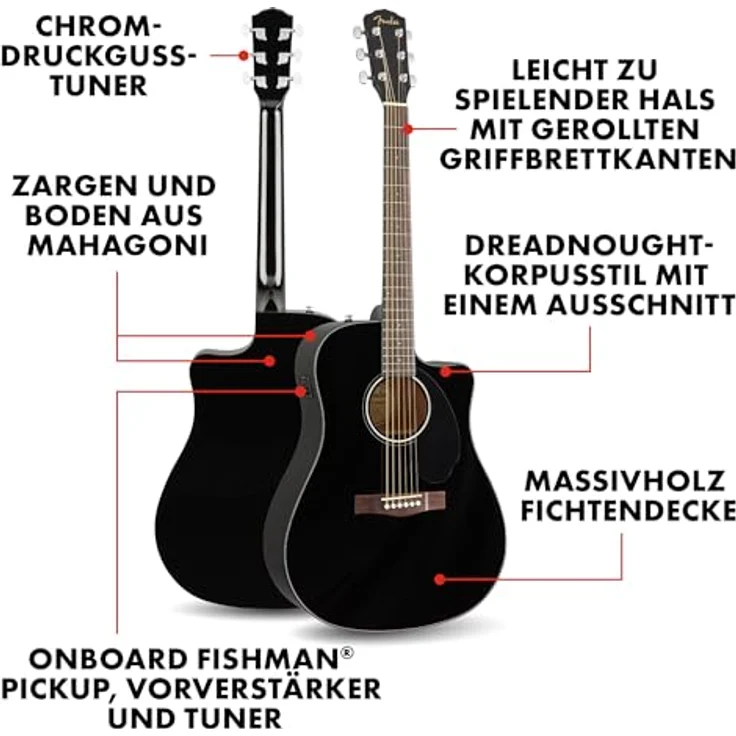 Fender CD-60SCE Blk WN, Westerngitarre mit massiver Fichtendecke, Mahagoni Boden & Zargen, Cutaway, Fishman CD Elektronik, schwarz – Bild 2