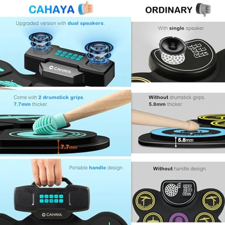 CAHAYA CY00387-1 Elektronisches Schlagzeug für Kinder, aufrollbares E-Drum-Set mit 9-Pads, 2 Pedalen, MIDI-Unterstützung, Stereo-Lautsprechern, Kopfhörerausgang und 10h Akkulaufzeit – Bild 2