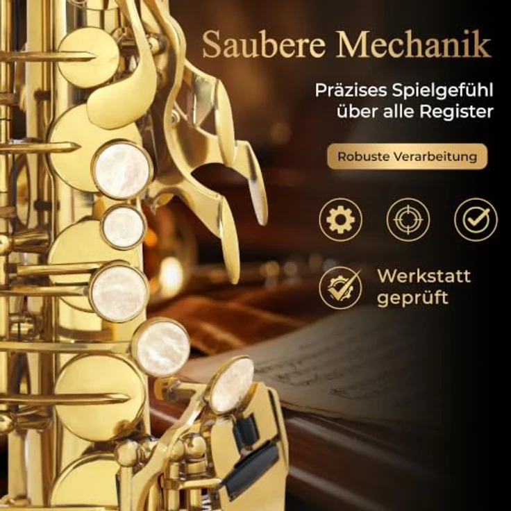 Classic Cantabile AS-450 Eb-Altsaxophon Set, Messing, klarlackiert, mit Hoch-Fis-Klappe und ergonomischer Klappenmechanik, inkl. Leichtkoffer und 10 Blätter Stärke 2,5 – Bild 4
