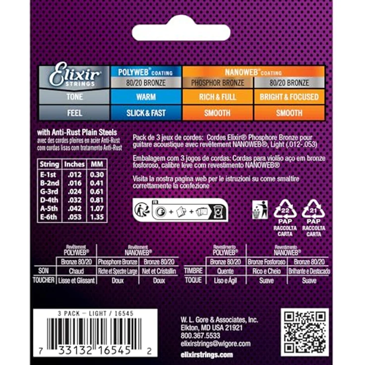 Elixir Akustik Phosphor Bronze Nano Saiten 012/053, 3er Pack mit verlängerte Klanglebensdauer und glatter Spielbarkeit – Bild 2