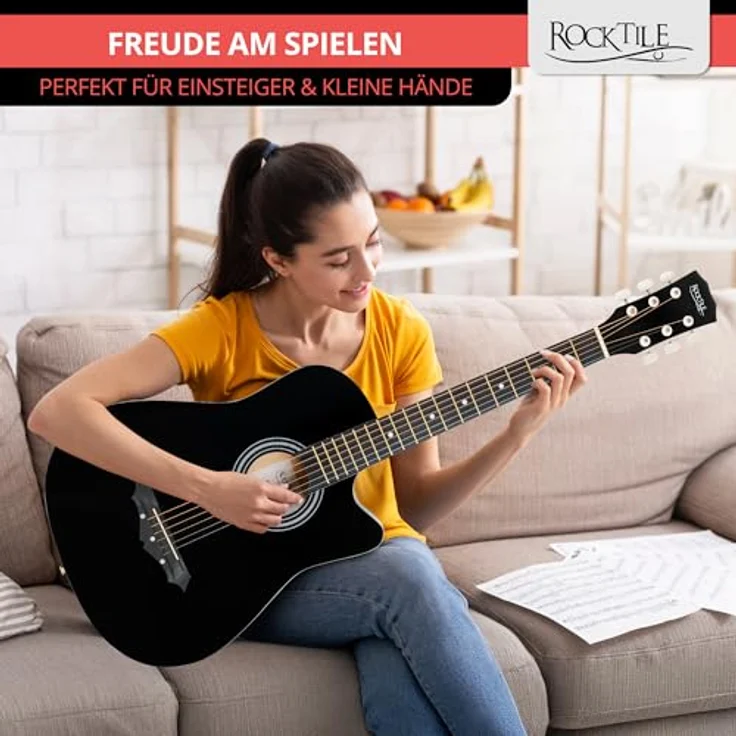 Rocktile WSD-5C-BK Slim Line Westerngitarre, Dreadnought Akustik Gitarre mit Linde Korpus, Catalpa Hals, inkl. Tasche, Ersatzsaiten, Gurt und Plektren, Schwarz – Bild 2