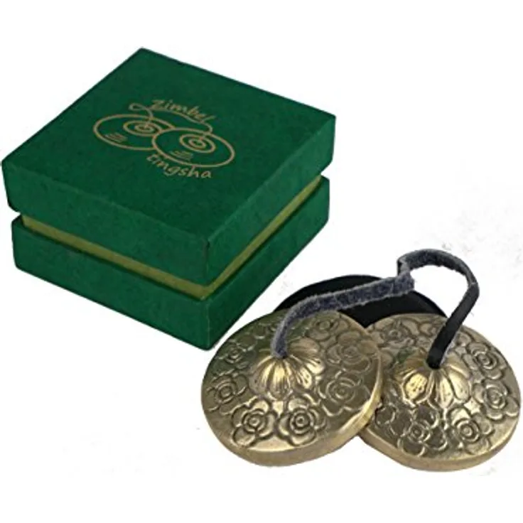 Klangschalen-Center Zimbel/Tingsha mit Blumenornament, handgeschmiedet, Ø 4,5 cm, inklusive grüner Aufbewahrungsbox