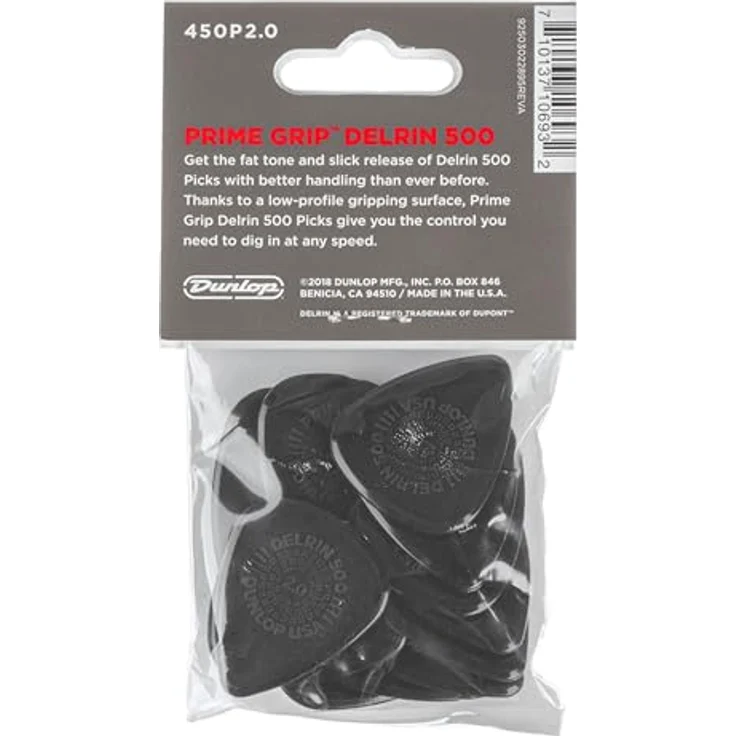 Jim Dunlop Plektrum Delrin 500 Prime Grip, 2,00mm, 12 Stück, Fat Sound und Slick Version, Low-Profile-Griff – Bild 2