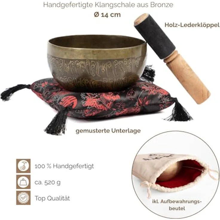 Bodhi Tibetische Klangschale Ø 14 cm, Handgefertigte Singing Bowl mit Gravur, Bronze, inkl. Kissen & Klöppel, Ideales Meditationszubehör – Bild 3
