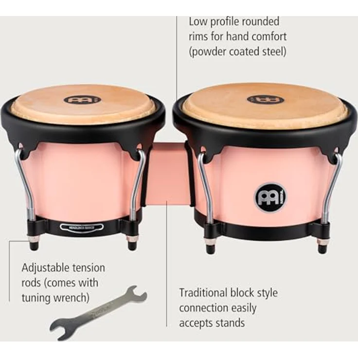 Meinl HB50FP Journey Bongo, 6,5" Macho & 7,5" Hembra, aus ABS Kunststoff, Flamingo Pink, handselektierte Wasserbüffelfelle, inklusive Stimmschlüssel – Bild 4
