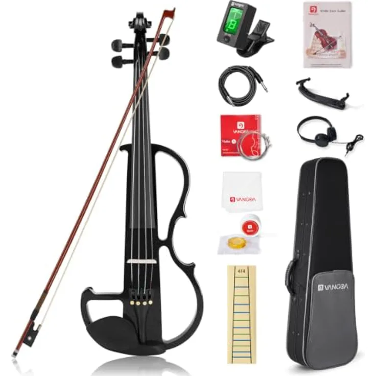 Vangoa 4/4 Elektrische Violine E Geige, Massivholz, Schwarz, mit Kolophonium, Tragetasche, Audiokabel, Schulterstütze und Bogen