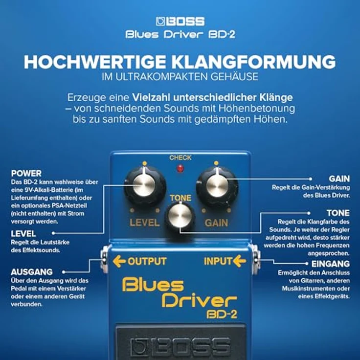 Boss BD-2 Overdrive, E-Gitarren Effektpedal mit Vintage Röhrenamp-Sound, Level, Tone & Gain Regler, blau – Bild 4