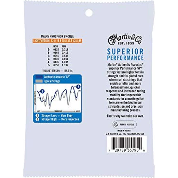 Martin Akustikgitarrensaiten MA545, Superior Performance Light/Medium 12,5-55, 92/8 Phosphor Bronze mit ausgewogenem Klang und hoher Biegbarkeit – Bild 2