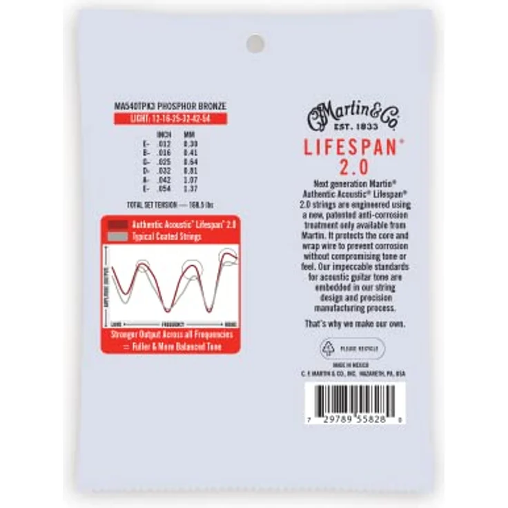 Martin 3er-Pack Akustikgitarrensaiten, Lifespan 2.0 Light 12-54, 98/2 Phosphor-Bronze, ideal für Fingerpicking und Flatpicking – Bild 2