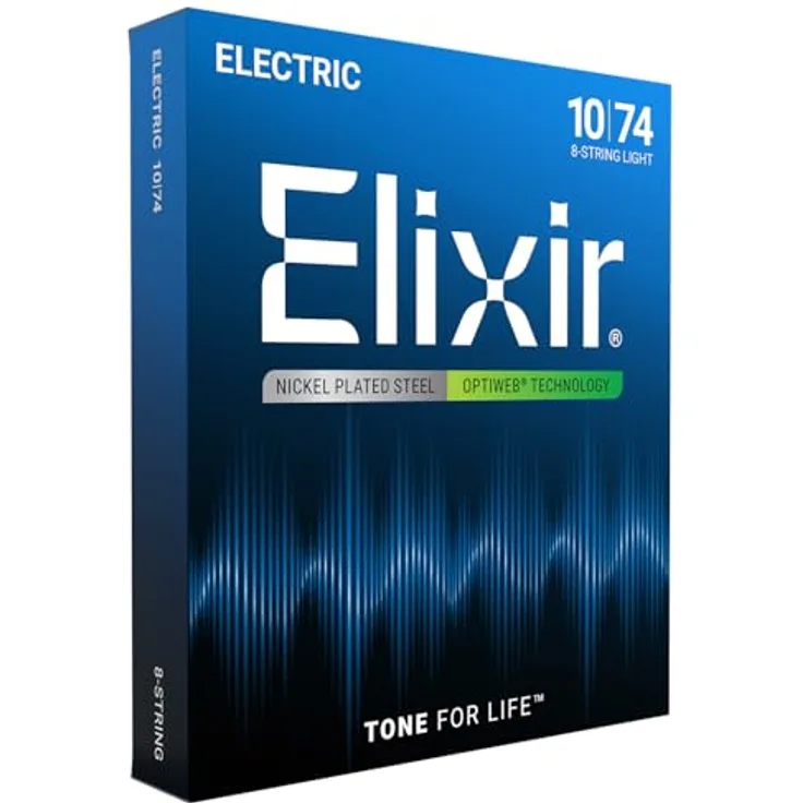 Elixir Optiweb 19062, 8-String Light E-Gitarren-Saitensatz, vernickelter Stahl, Anti-Rost-Beschichtung, Saitenstärken 010-074