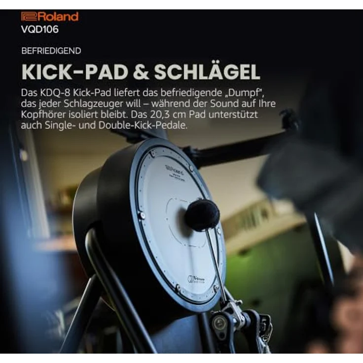 Roland VQD106 Drum Kit, E-Drum Set mit 75% Lautstärke-Reduktion, 25 Preset Kits, Bluetooth, inklusive neuartigen VQD Pads und 4-strebigem Racksystem – Bild 4