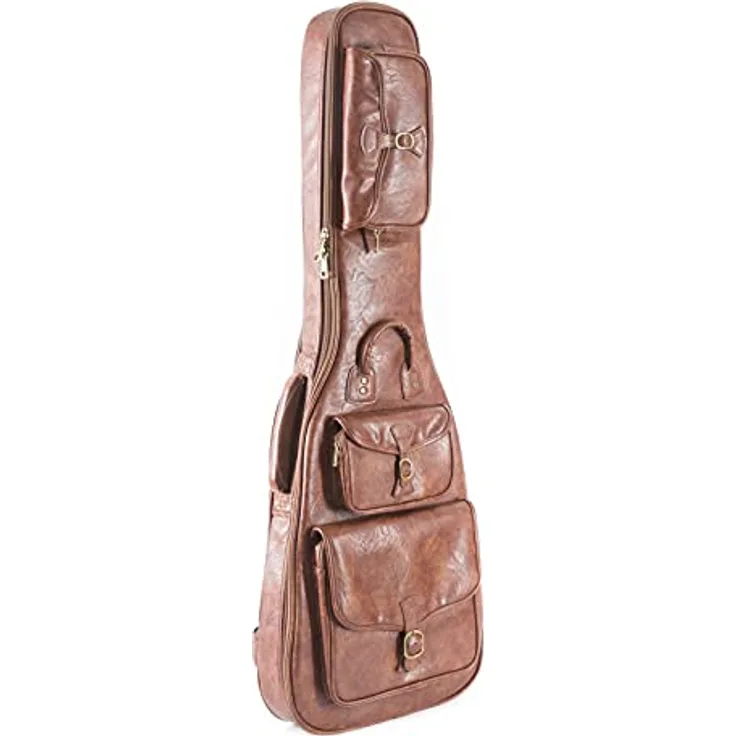 Fame Gigbag Electric Bass Antique Deluxe, Robustes Kunstleder, Hochverdichtete Schaum-Polsterung, Vintage-Design mit Messing-Applikationen, Variabeles Halskissen, Rucksackgarnitur, Mehrere Zubehörtaschen