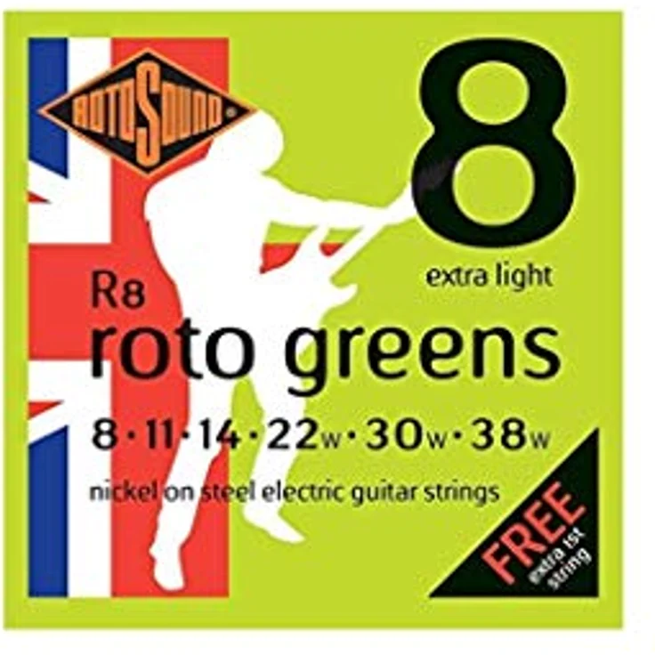 Rotosound Roto Greens R8, Gitarrensaiten für E-Gitarre, vernickelte Stahlsaite, Hexagonaler Saitenkern, X-Light (.008" - .038") mit kostenloser zusätzlicher E1-Saite – Bild 2