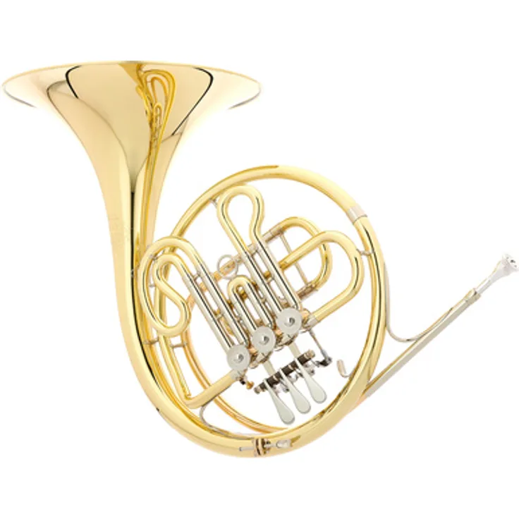 Hans Hoyer 702-L, Bb-Waldhorn mit Spiralfederdruckwerk, 310 mm Schallstück, Goldmessing Mundrohr, klar lackiert, inkl. Mundstück und Koffer