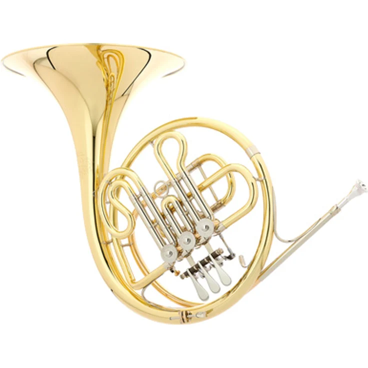 Hans Hoyer 702-L, Bb-Waldhorn mit Spiralfederdruckwerk, 310 mm Schallstück, Goldmessing Mundrohr, klar lackiert, inkl. Mundstück und Koffer