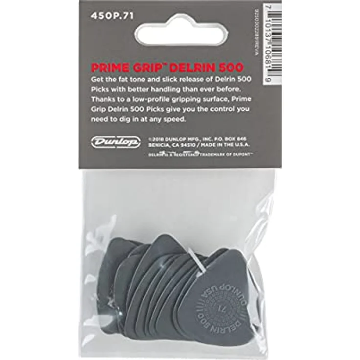 Dunlop Prime Grip Delrin 500 0.71, Plektrumset mit 12 Stück, grau, 0,71 mm Stärke, Standard Form, Low-Profile Grip – Bild 5