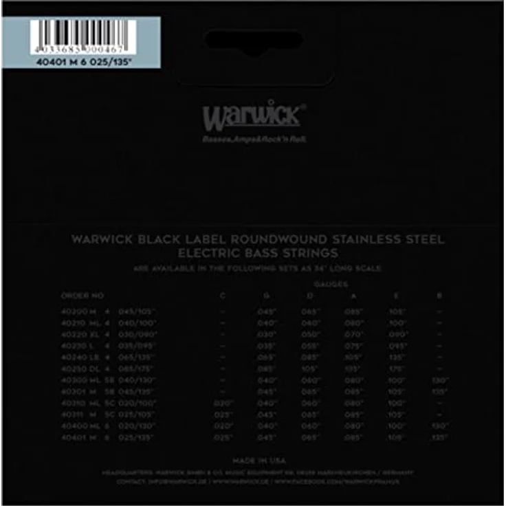 Warwick 40401 M Black Label, E-Bass Saiten Set für 6-Saiter, Handmade, Edelstahl, Stärke 025-045-065-085-105-135, Long Scale – Bild 2
