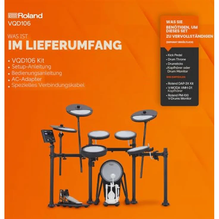 Roland VQD106 Drum Kit, E-Drum Set mit 75% Lautstärke-Reduktion, 25 Preset Kits, Bluetooth, inklusive neuartigen VQD Pads und 4-strebigem Racksystem – Bild 6