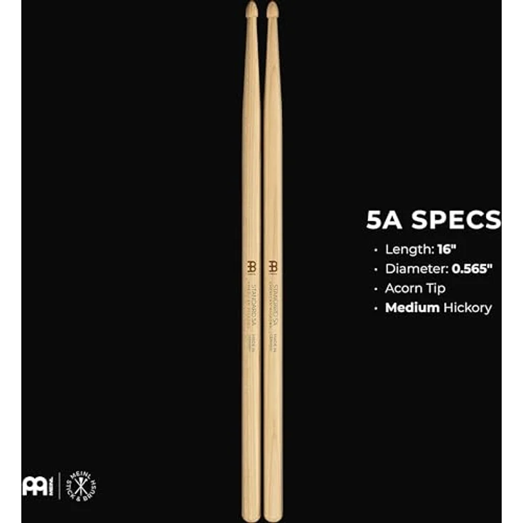 Meinl 5A Standard Hickory, Drumsticks aus American Hickory mit eichelförmigem Holzkopf, medium Gewicht, Länge 406 mm, Durchmesser 14,4 mm – Bild 3
