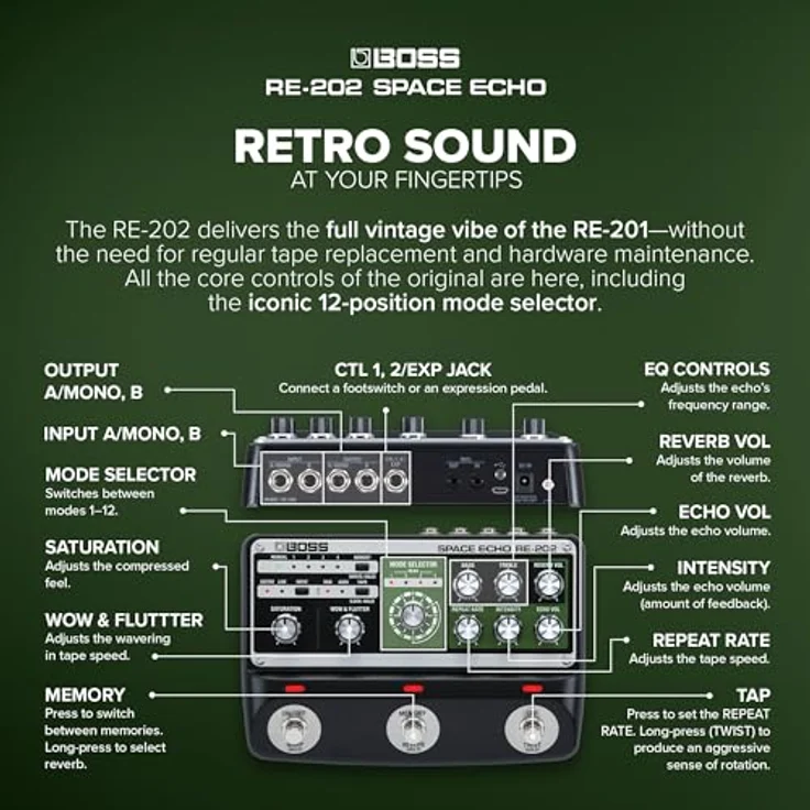 BOSS RE-202 SPACE ECHO, Tape Echo Delay Reverb Effektpedal mit True Stereo, Stereo-Federhall und Wow & Flutter – Bild 4
