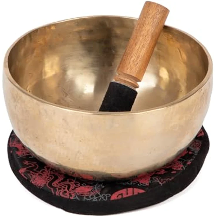 Bodhi Tibetische Klangschale Ø 19 cm, Handgefertigtes Klangschalen Set aus Bronze inkl. Kissen & Klöppel, Gold/Holzfarben, Ideal für Meditation und Klangtherapie – Bild 1