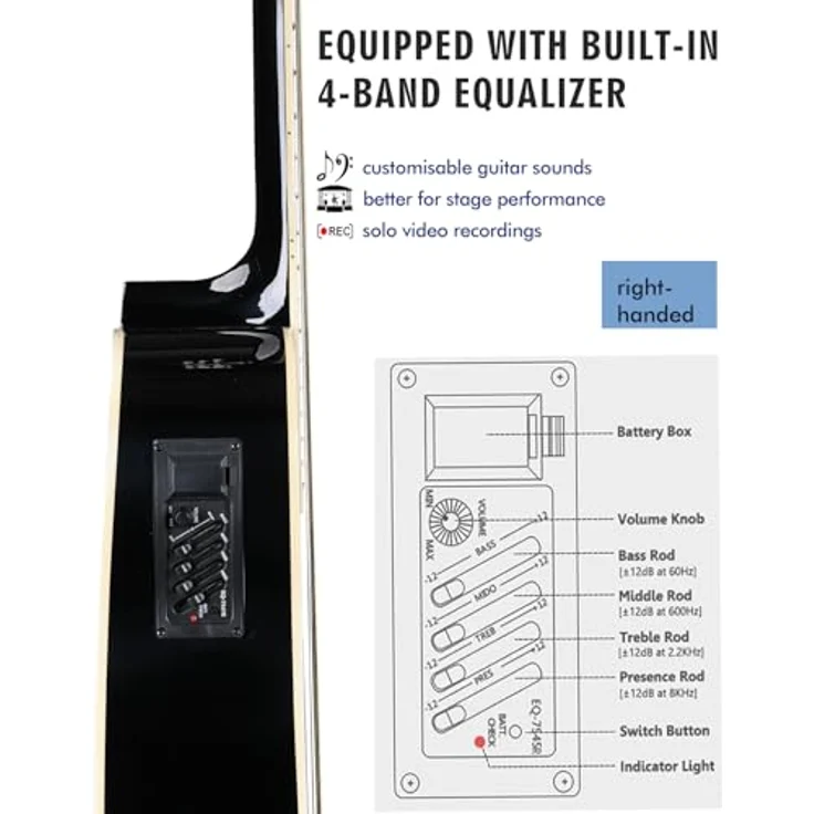 Winzz Elektro-Akustikgitarre Western 4/4, schwarz-glänzend, inkl. 11 Zubehörteilen für Anfänger und Kinder, rechtshändig – Bild 5