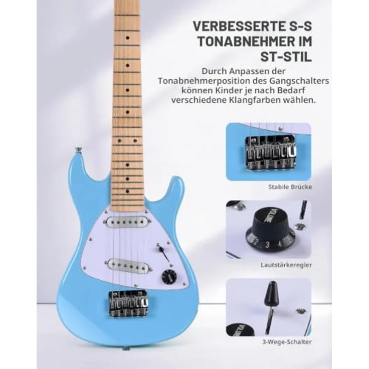 Winzz 30-Zoll-E-Gitarren-Einsteiger-Set für Kinder, Mini-E-Gitarre (1/4 Größe) mit Verstärker, Gloosy Blau, All-in-One-Zubehörset – Bild 2