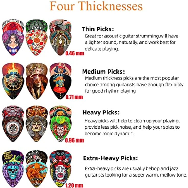 K KAREZOG Guitar Picks, 24 Stück Zelluloid Plektrum mit 4 verschiedenen Stärken (0.46/0.71/0.96/1.20mm) für Akustikgitarre, E-Gitarre, Bass und Ukulele in Geschenkbox – Bild 5