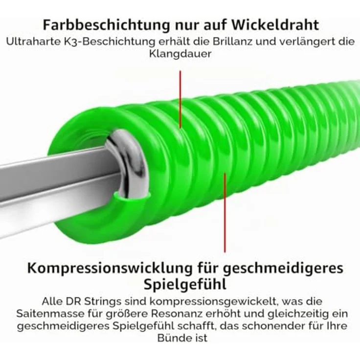 DR Strings Hi-Def Neon Grün NGB-45, E-Bass Saiten Medium 45-105, neonfarben und schwarzlichtreaktiv – Bild 4