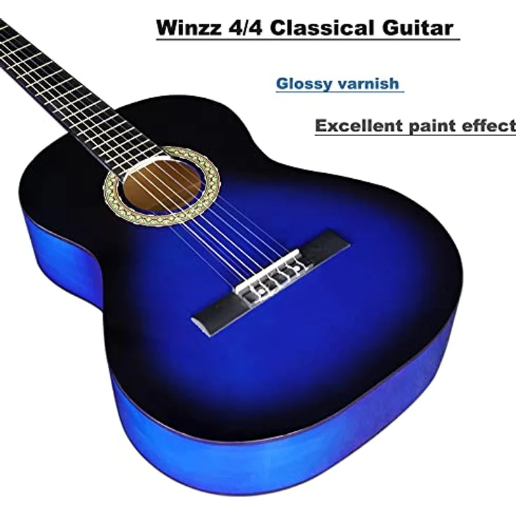 Winzz Konzertgitarre 4/4 Anfänger Set, 39 Zoll Klassische Gitarre mit Nylonsaiten für Erwachsene und Kinder ab 11 Jahren, Blau, inkl. Zubehör wie Gig Bag, E-Tuner und Fußbank – Bild 4