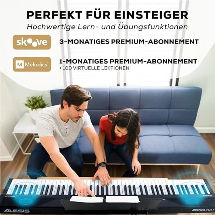 Alesis Recital Play E-Piano, 88 Tasten, 480 Sounds, Lautsprecher, USB-MIDI, inklusive Klavierlektionen für Anfänger und Notenablage – Bild 3