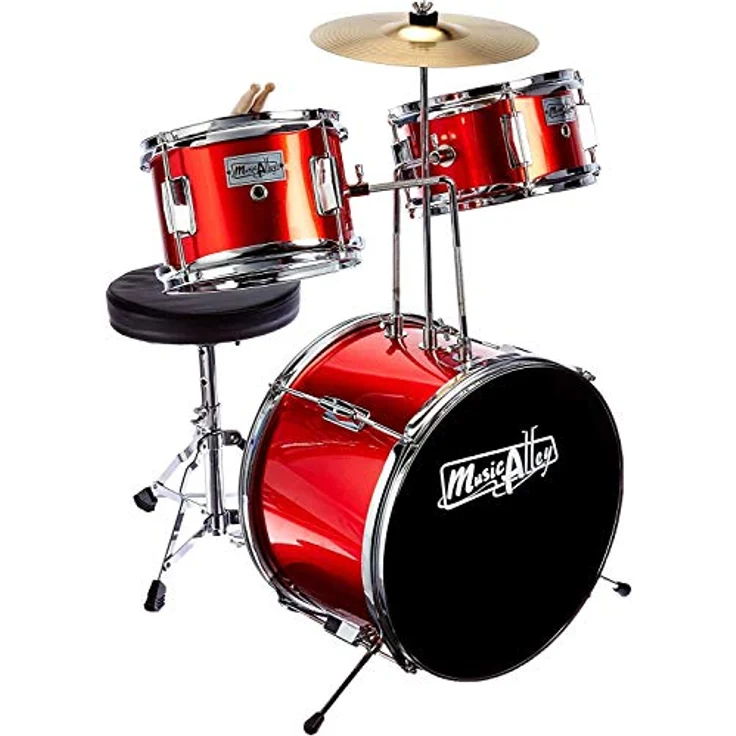 Music Alley DBJK02-BK, 3-teiliges Kinder-Drumkit aus Holz und Metall, Schwarz mit 14-Zoll-Bassdrum und gepolstertem Trommelthron – Bild 2