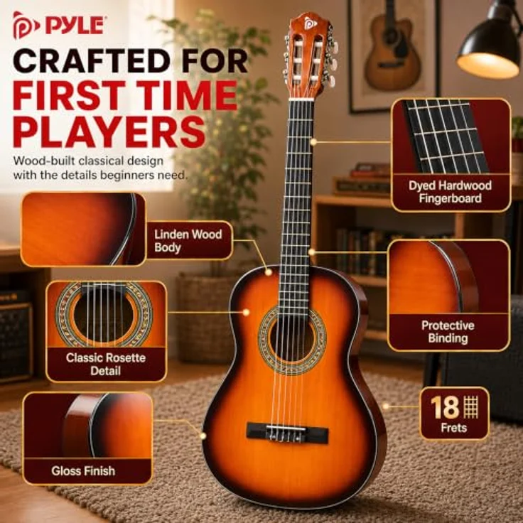 Pyle PGACLS82SUN.9 Akustikgitarre 6, 91.4 cm (36 Zoll), 3/4 Juniorgröße, Lindenholz, Sunburst, mit Gigbag, Stimmgerät, Nylonsaiten und Plektren für Anfänger – Bild 5