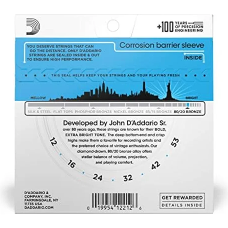 D'Addario EJ11 80/20 Bronze Akustikgitarrensaiten, Light, 12-53, präzise gewickelt, kräftiger, heller Klang, hergestellt in den USA – Bild 2