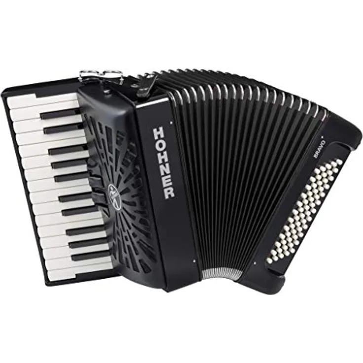 Hohner Bravo II 60 Black, Piano-Akkordeon mit 60 Bässen, 26 Diskanttasten, Silent Key und Gig Bag, schwarz
