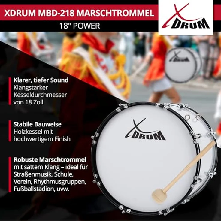 XDrum MBD-218 Marsch Bass Trommel, 18" x 12", weiß, mit verchromter Hardware, 4 Trageösen, inkl. Schlägel und Tragegurte – Bild 2