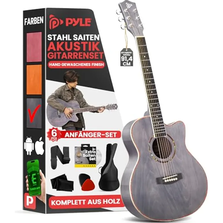 Pyle ¾ Akustikgitarre mit Cutaway, Westerngitarre aus Lindenholz mit Stahlsaiten, inkl. Tasche, Gurt, Plektren & Ersatzsaiten, leicht & handlich, ideal für Jugendliche