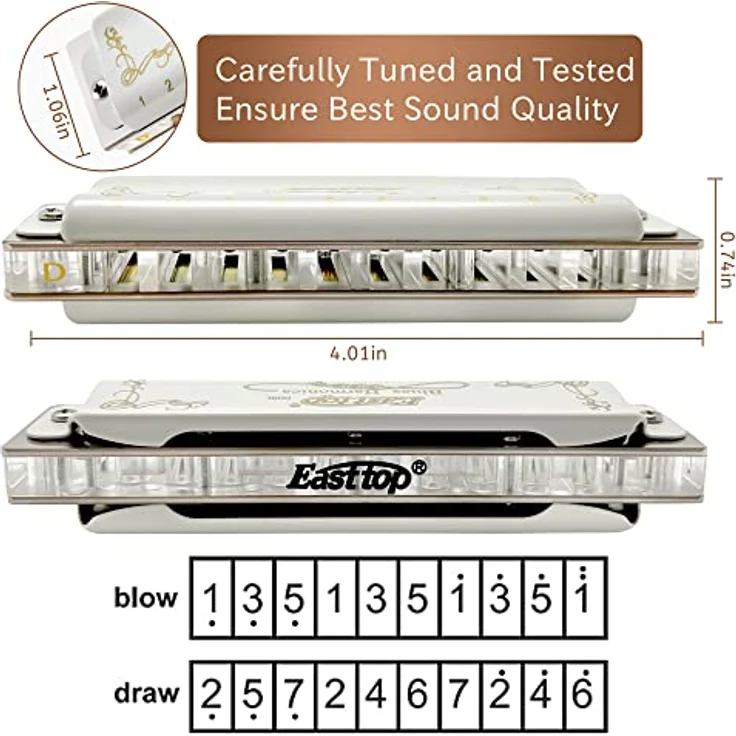 East Top T008L Diatonische Blues Harmonica, Mundharmonika in D, 10 Löcher, für Profis und Anfänger, inkl. Reinigungstuch und Anleitung, ideal als Geschenk – Bild 4
