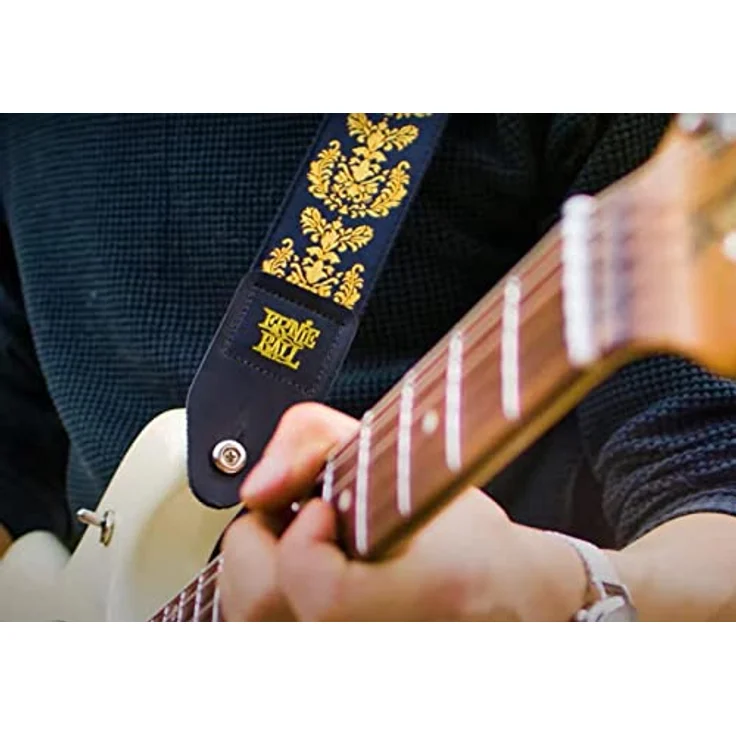 Ernie Ball Royal Crest Jacquard Strap, E-Gitarrengurt aus stabilem Polypropylen mit Leder-Enden, extra lange Ausführung 104-182 cm, Farbe Royal Crest – Bild 3