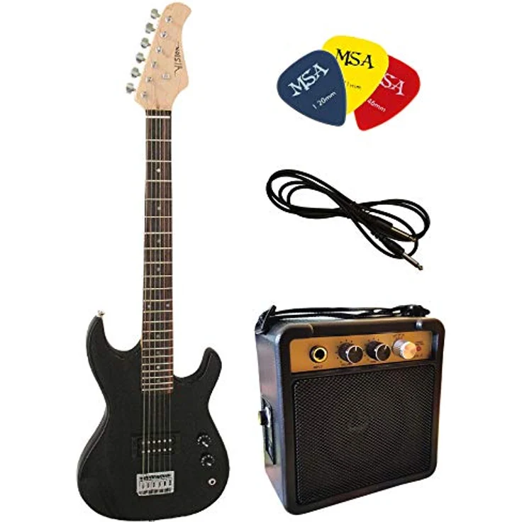 MSA Kinder E-Gitarre 1/4 Größe, Elektro-Gitarren Set in Schwarz mit 5W Verstärker, 3x Plektern und Kabel – Bild 1