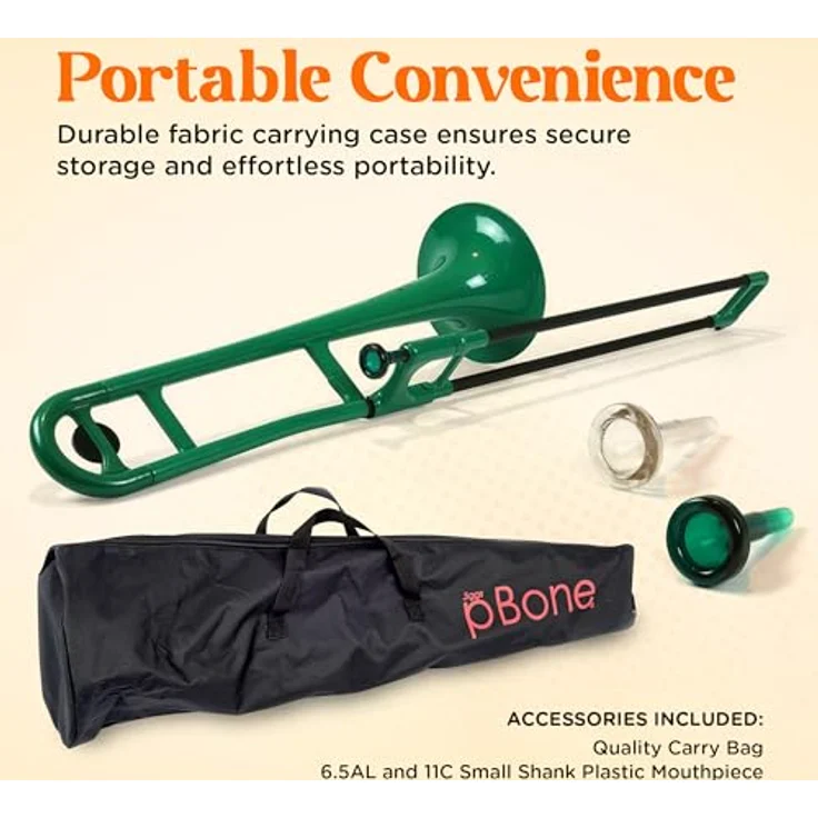 pBone music pBone Green, Bb-Tenorposaune aus ABS-Kunststoff mit Fiberglas-Zug, 0,8 kg, inkl. Kunststoff-Mundstück und Gig Bag, grün – Bild 5