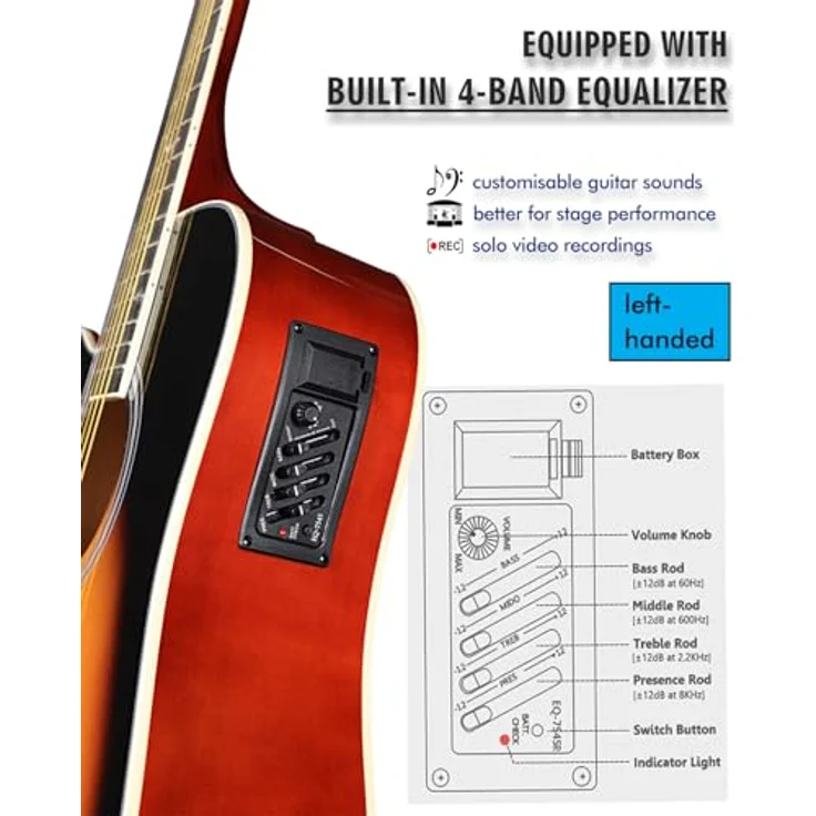 Winzz Elektro Akustik Gitarre 4/4 Linkshänder, Sunburst-Glänzend, inkl. 11 Zubehörteilen für Anfänger – Bild 5