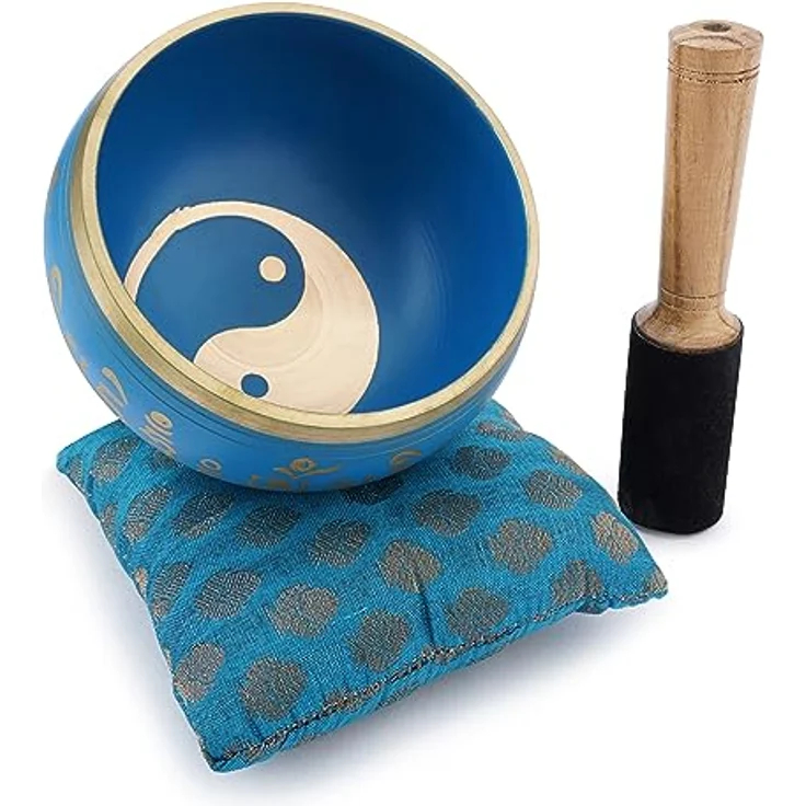 Ajuny Tibetische Klangschale Set, Handgefertigt in Blau Messing mit Kissen und Klöppel, Tai Chi Yin Yang Design, 4 Zoll / 10 cm für Meditation und Yoga – Bild 1
