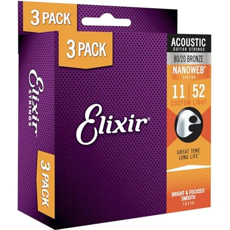 Elixir 16538, 3-er Pack Akustikgitarrensaiten, Bronze, 011/052 mit Gore-Tex Beschichtung und hoher Robustheit