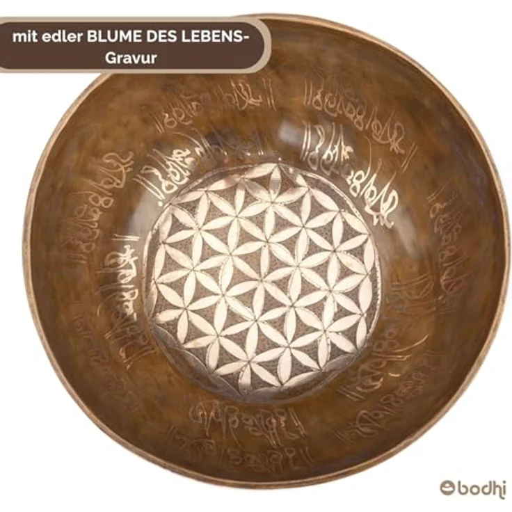 Bodhi Tibetische Klangschale Ø 23 cm, Handgefertigte Singing Bowl mit Blume des Lebens Gravur, Komplettes Set inkl. Kissen & Klöppel, Bronze, Gold/Holzfarben – Bild 5