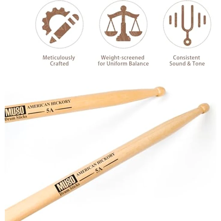 MUSO Schlagzeugstöcke, American Hickory 5A Drumsticks mit rutschfestem Gummigriff, vielseitiges Schlagzeugzubehör für Profis und Anfänger – Bild 4