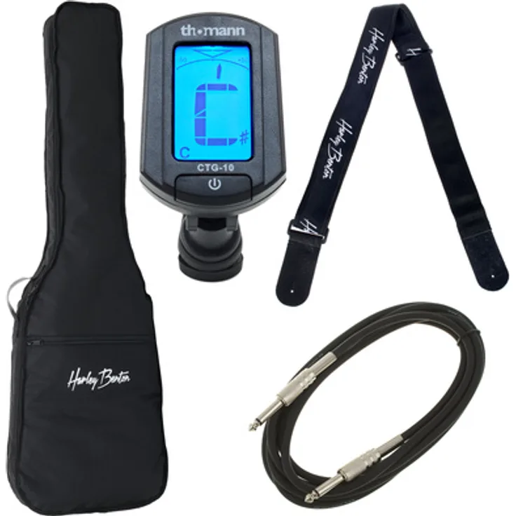 Harley Benton E-Bass Guitar Accessory Pack, Gigbag mit 5mm Polsterung, verstellbarem Schulterriemen, chromatischer Clip Tuner, Gitarrengurt (schwarz) und Klinkenkabel (3m)