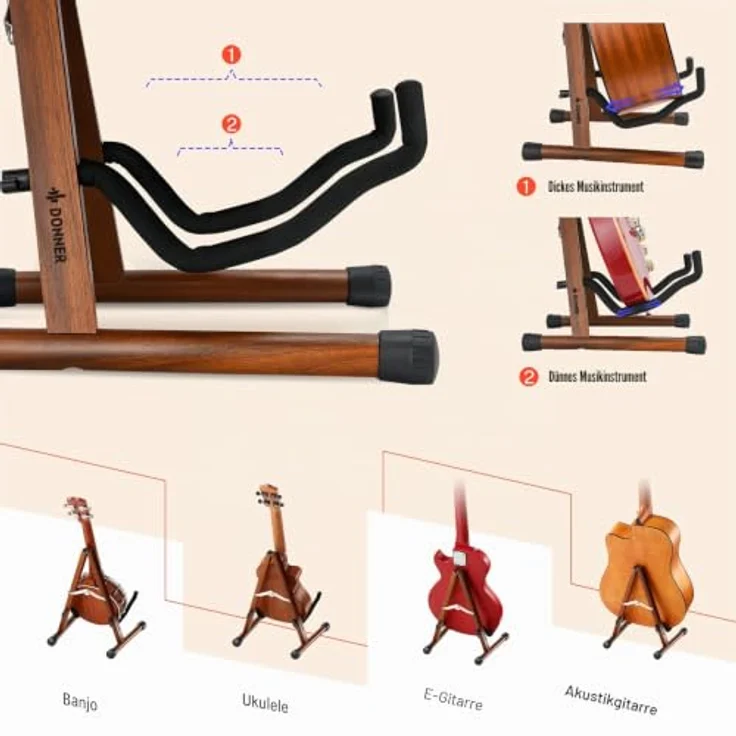 Donner DS-3 Gitarrenständer, tragbarer klappbarer A-Rahmen aus Akazienholz für Akustikgitarre, E-Gitarre, Bass, Banjo, Cello, Ukulele, Mandoline, mit rutschfestem Gummi und Baumwollpolsterung – Bild 3
