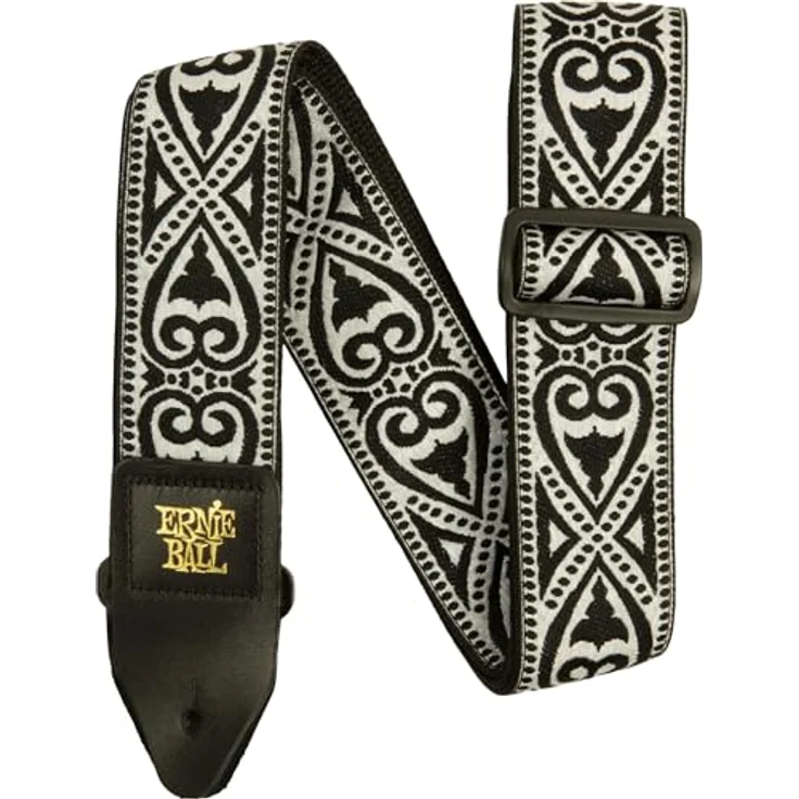 Ernie Ball Black Heart Jacquard Strap, Gitarrengurt aus stabilem Polypropylen mit Leder-Enden, extra lang 104-182 cm, schwarz mit Herz-Design – Bild 2